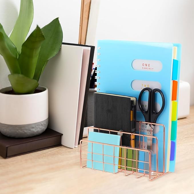 File Holder for Desk: No Wobbling 3 Slots Magazine Holder Office Desktop File Sorter Organizer for Folders Binders, Rose Gold
