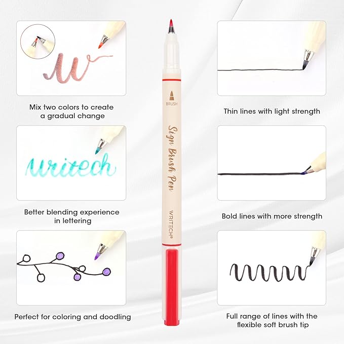 WRITECH Brush Tip Marker Pens: Artist Markers Flexible Tip Water Based 12ct Assorted Colors for Journaling Adult Coloring Hand Lettering Calligraphy Drawing Vibrant Colored