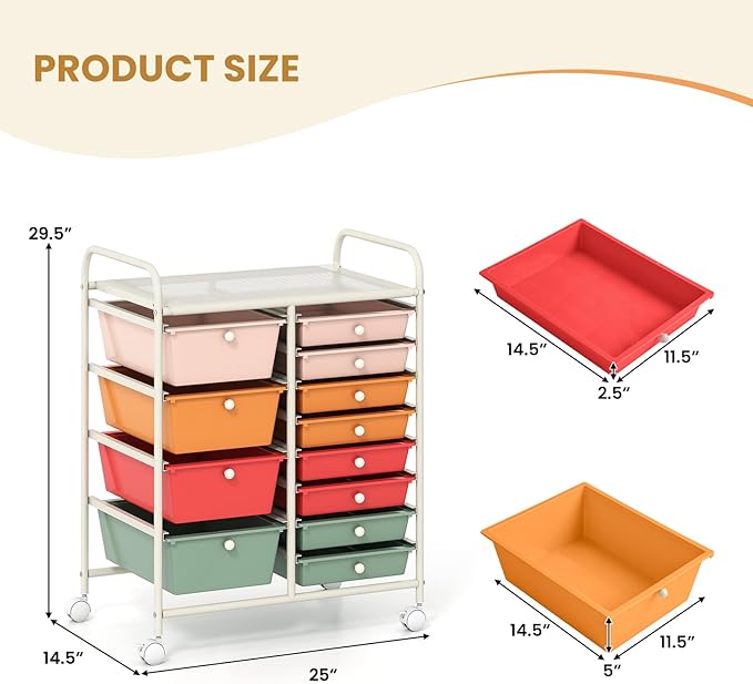 COSTWAY 12 Drawer Rolling Storage Cart, Mobile Utility Cart with Metal Frame, Art Supply Craft Organizer, Multipurpose Storage Organizer for Paper, Office, School Teacher, Classroom, Macaron