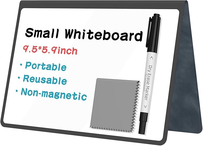 Portable Dry Erase Board,Reusable Whiteboard Notebook, Double-Sided White Board PU Cover 9.5"x6.6" with Marker,Wipe Cloth (Grey)