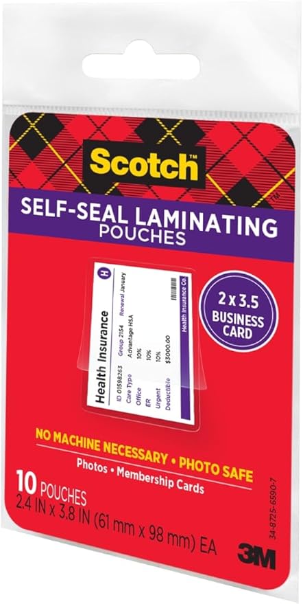 Scotch Self-Sealing Laminating Pouches, Business Card Size 2.4 in x 3.8 in, Great for Gift Tags, 10-Pack
