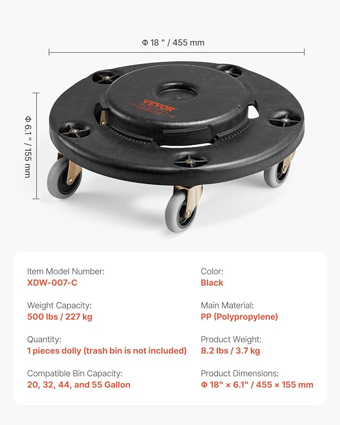 VEVOR Trash Can Dolly, Fit 20, 32, 44, 55 Gallon Containers, Round Trash Can Roller Base with 4 Lockable Wheels, 500lbs Weight Capacity, Heavy Duty Barrel Dolly, Multi-Functional Rolling Cart