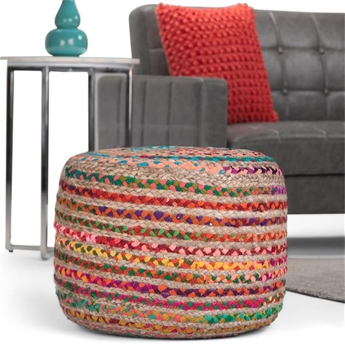 SIMPLIHOME Margo Round Pouf - 20 inch Wide Handwoven Jute and Cotton Braided Ottoman in Multi-Color, Boho-Style Footstool or Extra Seating for Living Room with Polystyrene Bead Filling, Assembled