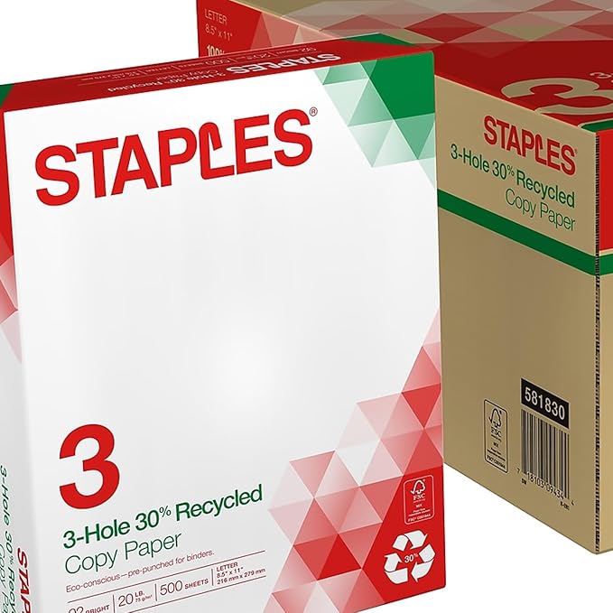 Staples Recycled 8.5 x 11-Inch, 3-Hole Punched Copy Paper 20 lb 92B 500/Ream 10 Ream/Count