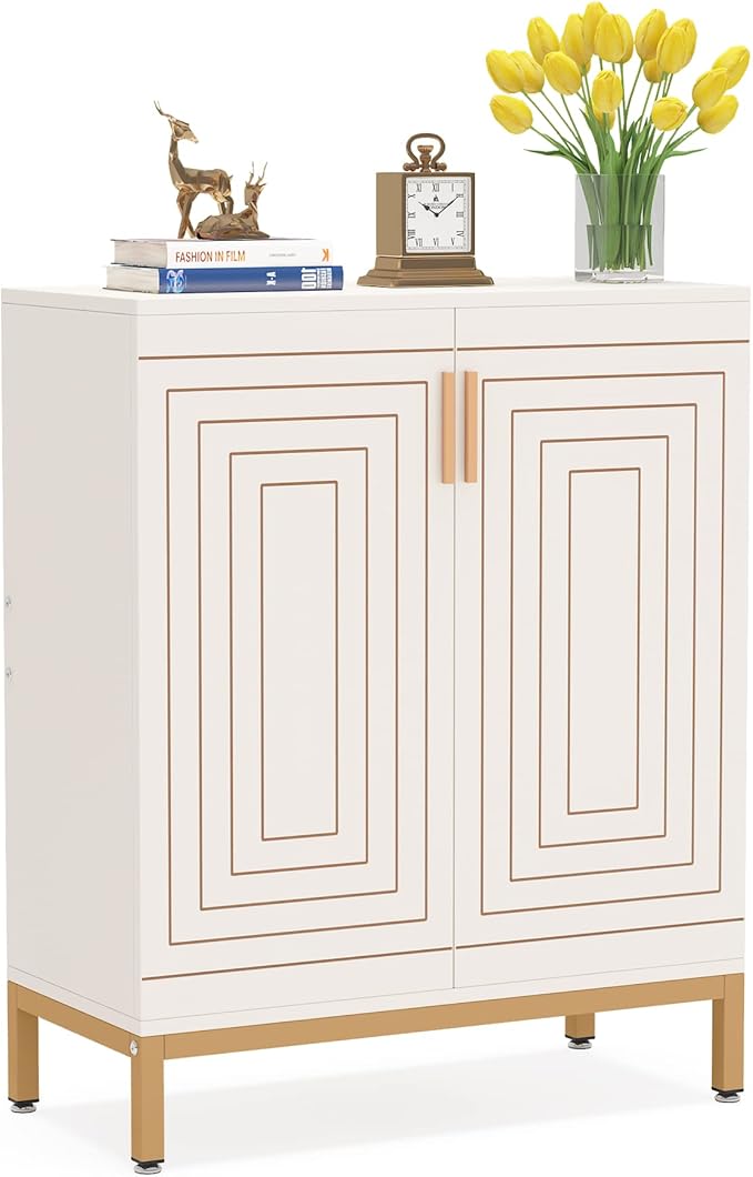 LITTLE TREE Shoe Cabinet with Doors, 20 Pairs Entryway Shoe Storage Cabinet Modern Storage Organizer for Closet, Living Room, Bedroom (White/Gold)