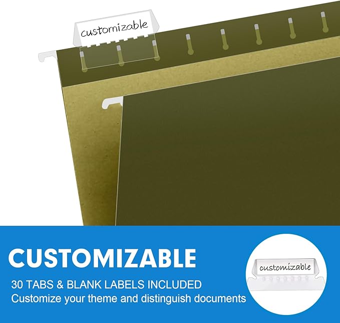 Hanging File Folders, RAZCC 30 Pack Letter Size Reinforced Hanging Folders with Heavy Duty 2 Inch Expansion for Bulky Files, Filing Cabinet, Adjustable Tabs, Green