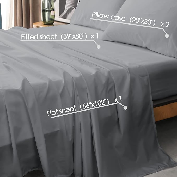 Twin XL Grey Sheet Set, 4 Piece Microfiber Bed Sheets，Soft Flat Bed Sheets Cover, Hotel Luxury 1800 High Thread Count Comfy Sheets, 21" Deep Pocket Fitted Sheets, Wrinkle Free-Grey