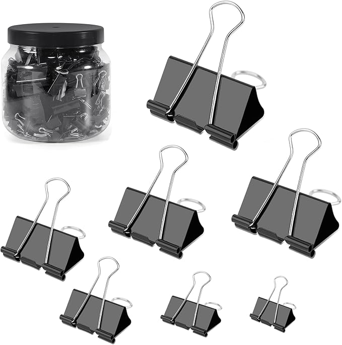 Ufmarine Binder Clips Paper Clips Assorted Sizes 200 Count (Black), Metal Paper Binder Clips with Box for Office, School and Home