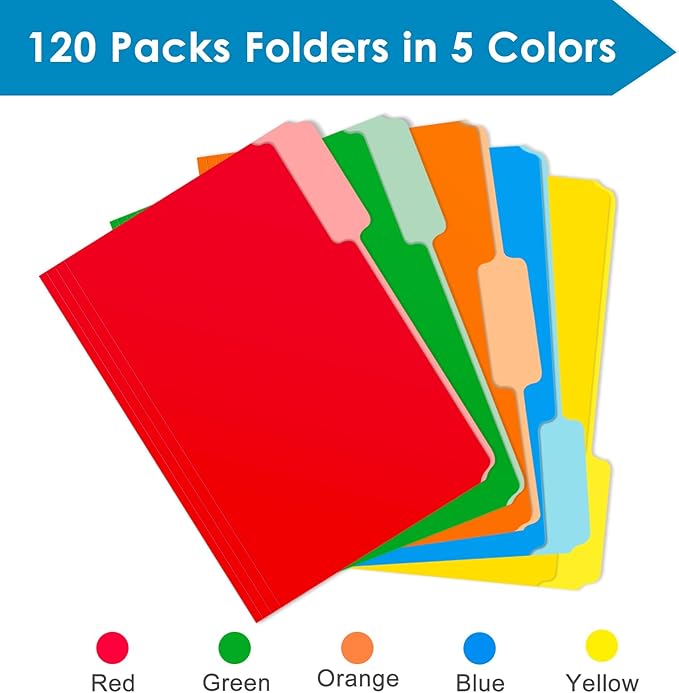 120 Pack Two Tone Color File Folders 8.5 x 11 Inch，1/3 Cut Tab File Folder Letter Size, Assorted Colors, Blue Red Green Yellow Orange Manila File Folder, School Business Office Folders for Document