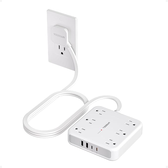 TESSAN Surge Protector Power Strip 2100J, 5 Ft Flat Plug Extension Cord with Multiple Outlets, 4 USB (2 USB C) 6 Outlets, 1875W 15A, 20W Multiple Desk Charging Station for Home, Office, Dorm Room