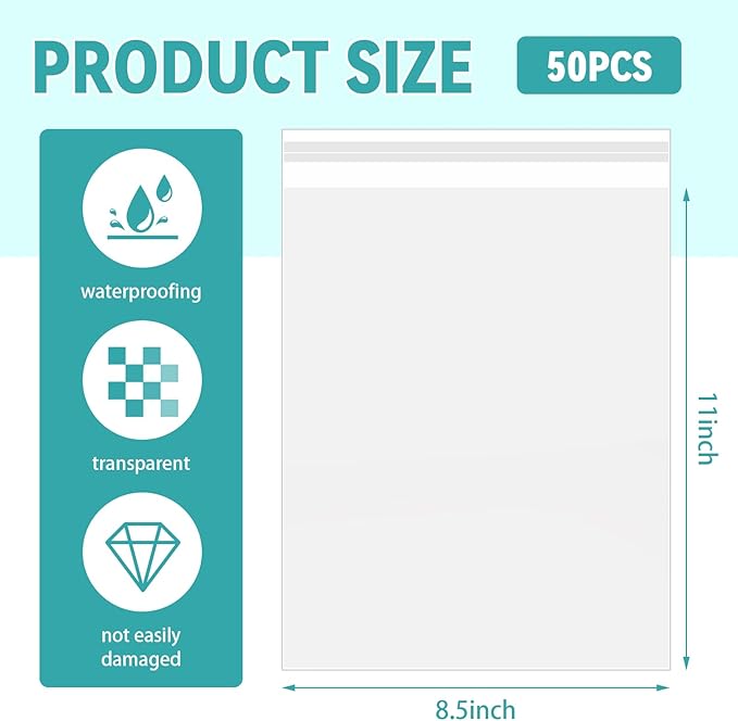 50 Pack 8.5 x 11 Inch Crystal Clear Sleeves Storage Bags, Letter Size Self Sealing Cellophane Bags Resealable Page Protectors Artwork Protectors Photocard Paper Pocket
