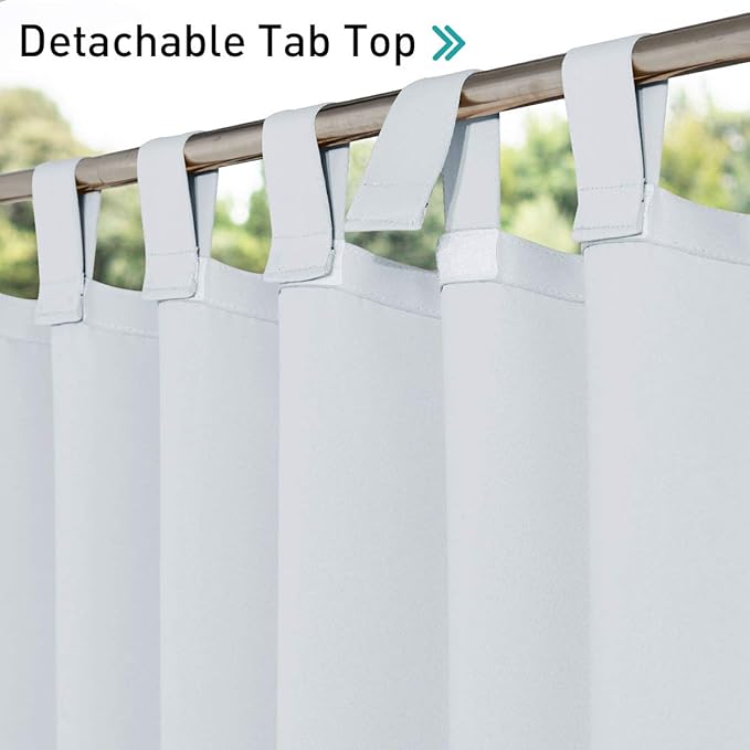 NICETOWN 2 Panels Outdoor Curtainss for Patio Waterproof 84 inch Long, Detachable Tab Top Room Darkening Outdoor Indoor Slider Blinds Window Treatment for Shower/Balcony, Greyish White, 84" Wide
