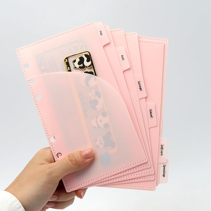 NatSumeBasics 12 A6 Cash Stuffing Envelopes 2 Layer Pink A6 Binder Pocket Dividers with Tab Sticker for 6 Rings Budgeting Planner Inserts Supplies Accessories (12 Pink)