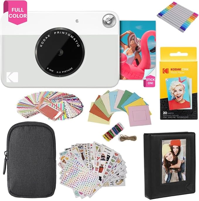 KODAK Printomatic Full-Color Instant Print Digital Camera Colorful Photos On Zink 2x3" Sticky-Back Photo Paper 5MP Gift Bundle: Case + Zink 2x3" 20pk + Album + Stickers + Frames + Markers - Grey