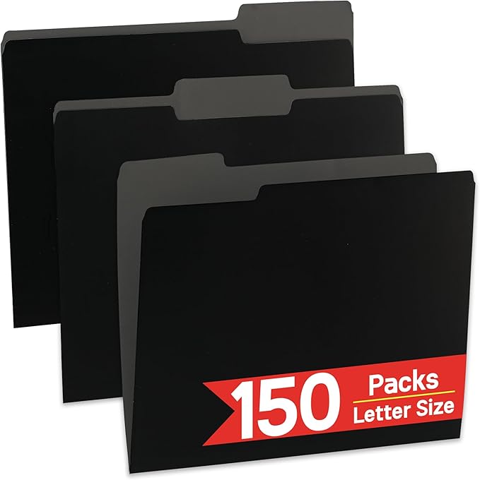 150 Packs File Folders,1/3-Cut Tabs,Black Letter Size File Folder,8.5x11 File Folders for Office,School and Home,Organizer File Folder