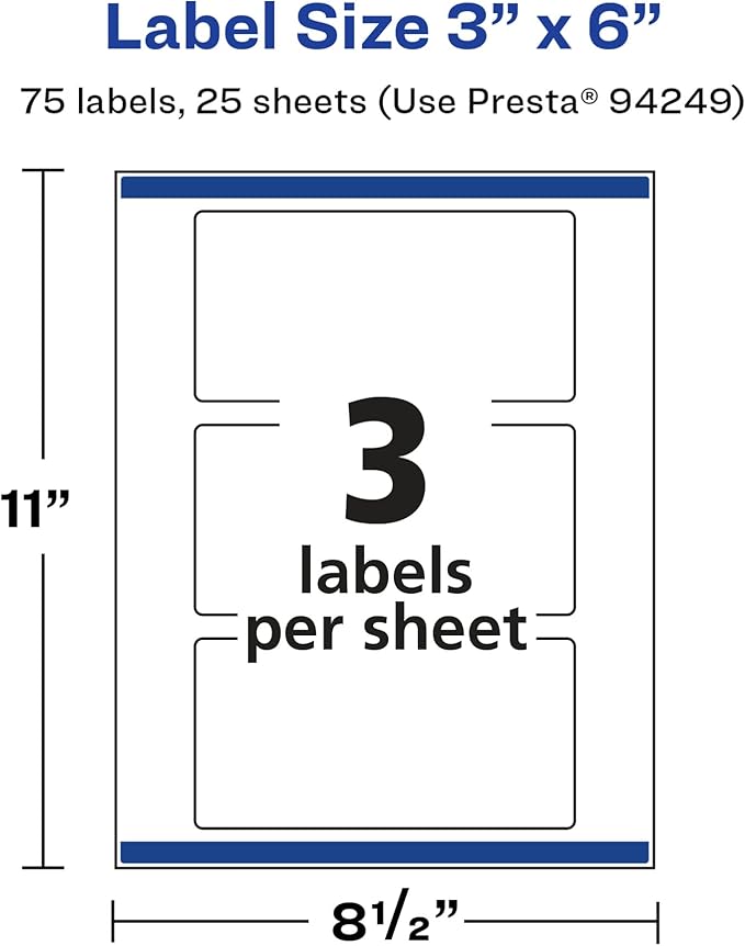 Avery Glossy White Rectangle Labels, Sure Feed Technology, 3" x 6", 75 Glossy White Labels, Print-to-The-Edge, Permanent Adhesive, Laser/Inkjet Printable
