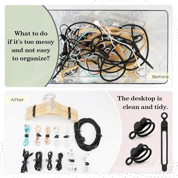 12Pcs Black Silicone Cable Ties - Reusable, Organize Electronic Cords & Wires in Office, Home, Kitchen, School & Travel