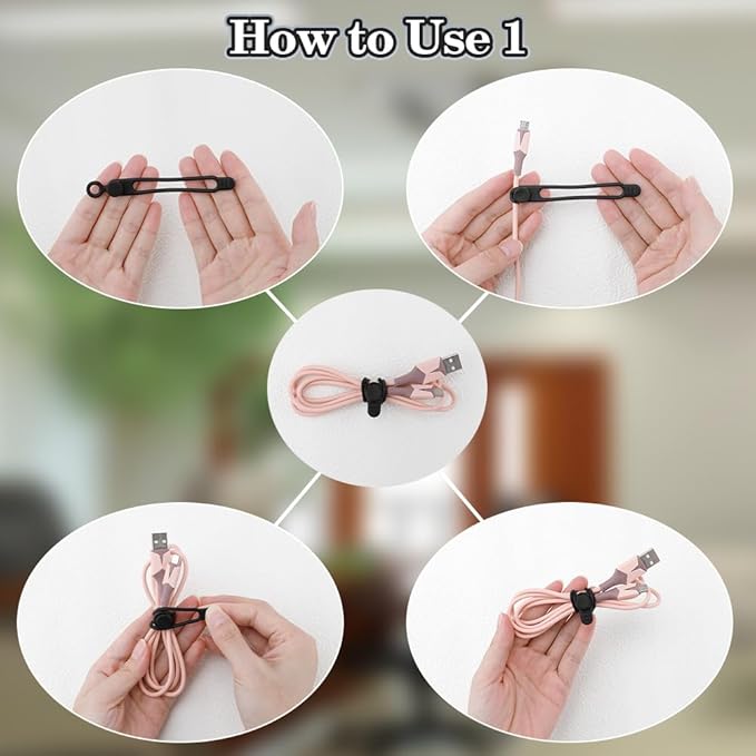 12Pcs Black Silicone Cable Ties - Reusable, Organize Electronic Cords & Wires in Office, Home, Kitchen, School & Travel