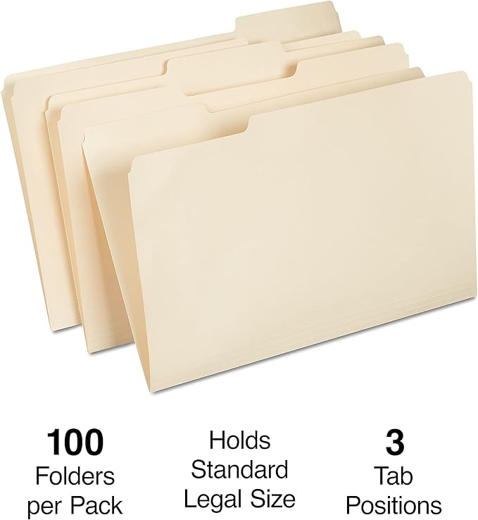 Staples File Folders, Legal Size, 1/3‑Cut Tabs, Manila, Durable Paper Stock, 200/Carton