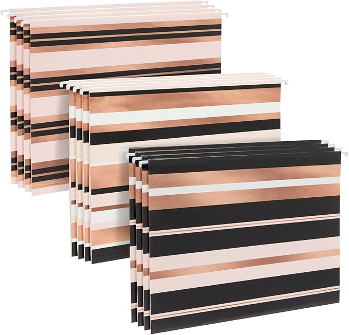 12 Pack Decorative Hanging File Folders, Letter Size, 1/5 Cut Tabs, Rose Gold Foil Stripes (9.5 x 11.5 in)
