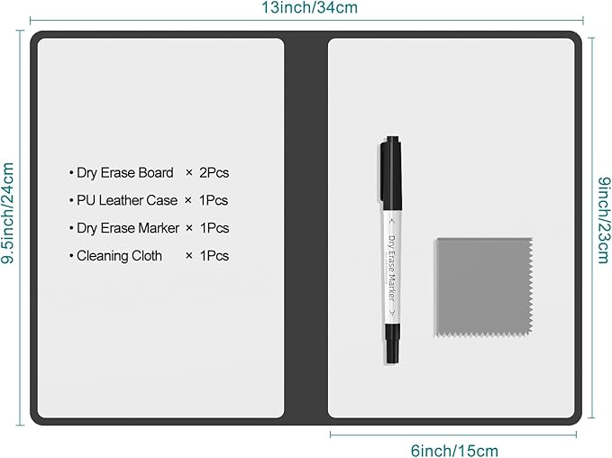 Portable Dry Erase Board,Reusable Whiteboard Notebook, Double-Sided White Board PU Cover 9.5"x6.6" with Marker,Wipe Cloth (Grey)