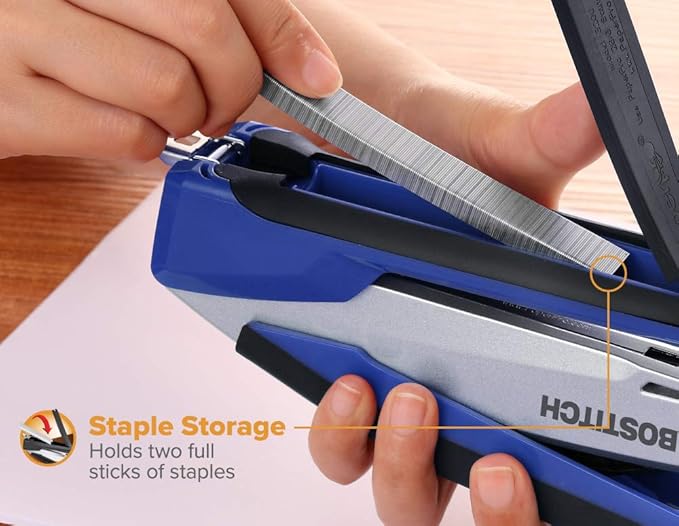 Bostitch Office InPower Spring-Powered Premium Desktop Stapler - One Finger, No Effort, Blue/Silver (1118)