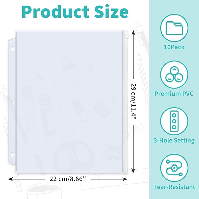Binditek 10 Pack Plastic Zippered Binder Pockets, 3-Hole Punched for 3 Ring Binder, Clear PVC with White Zippers, Waterproof Loose Leaf Bag Pouch for Document Filing and Storage