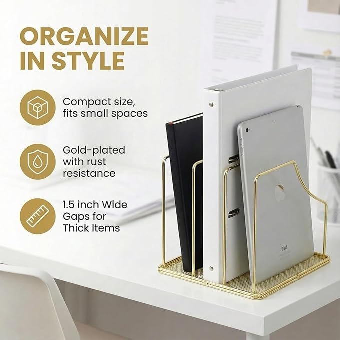 Simmer Stone 2-Pack Gold Metal File Organizer with Mesh Bottom - Vertical Magazine, Mail & Paper Sorter - 3-Slot Wire Rack for Office, Binders, Makeup Palettes - Aesthetic Desk Organizer