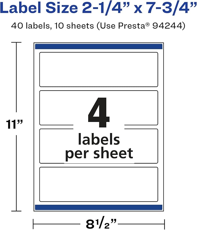 Avery Glossy White Rectangle Labels, Sure Feed Technology, 2.25" x 7.75", 40 Glossy White Labels, Print-to-The-Edge, Permanent Adhesive, Laser/Inkjet Printable