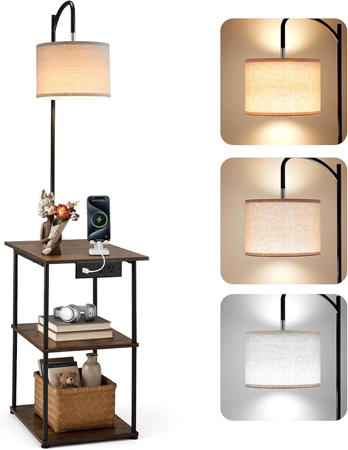 VEVOR Floor Lamp with Table, Narrow 3-Tier End Table with Open Shelves & 3 Color Temperature Lighting, Side Nightstand Bedside Desk with USB & Type C & AC Charging Port for Living Room, Bedroom, Dorm