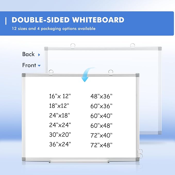 WALGLASS 2 Pack White Board, 24" x 18" Double-Sided Dry Erase White Board for Wall, Hanging Mounted Whiteboard, Horizontal or Vertical Silver Aluminium Frame for Home, School, Office, Kitchen