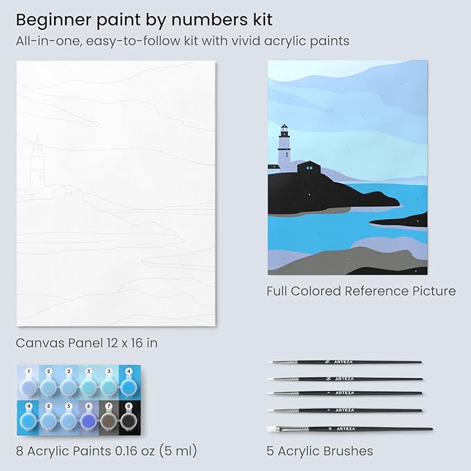 Arteza Paint by Number for Adults, 12x16 Inches, 21 Pieces, Coastal Paint by Numbers Kit with 1 Canvas Panel, 12 Acrylic Paint Pots, 5 Paintbrushes, Art Supplies for Beginners & Hobby Painters