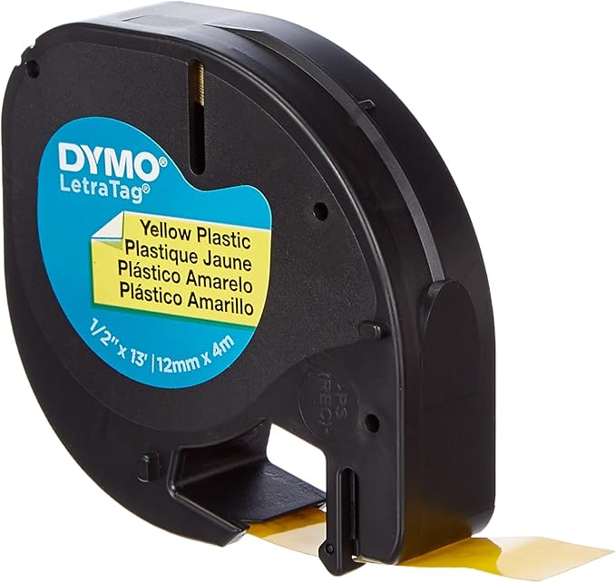 DYMO Authentic LT Plastic Labels | 12mm x 4m Roll | Black Print on Yellow Labels | for LetraTag Label Makers
