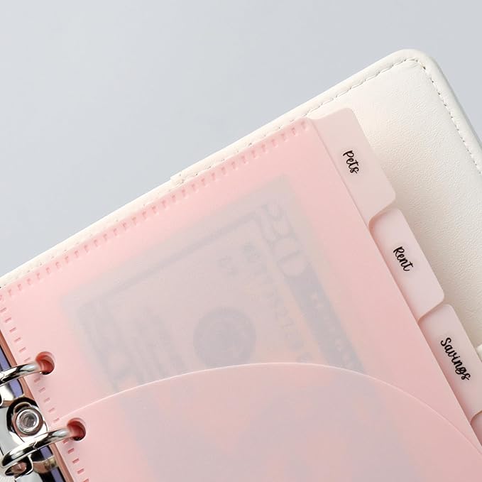 NatSumeBasics 12 A6 Cash Stuffing Envelopes 2 Layer Pink A6 Binder Pocket Dividers with Tab Sticker for 6 Rings Budgeting Planner Inserts Supplies Accessories (12 Pink)