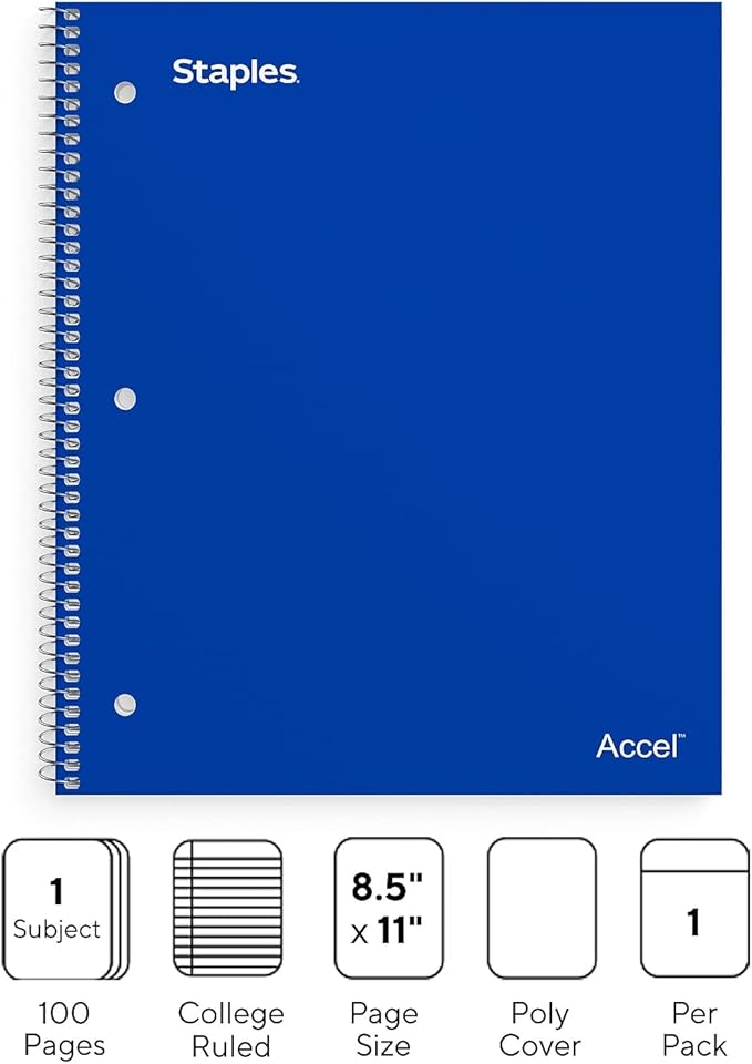 STAPLES Accel 1‑Subject Notebook, 8.5” x 11”, College Ruled, 100 Sheets, Blue