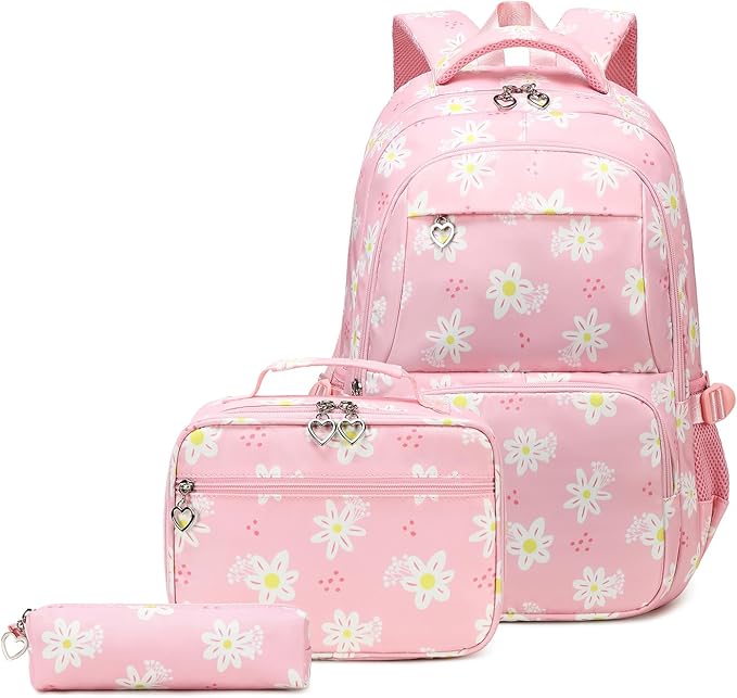 Girls Backpack with Lunch Box for Elementary Middle School,17 inch Pink Lightweight Kids School Backpack with Lunch Bag Set for Teen Girls