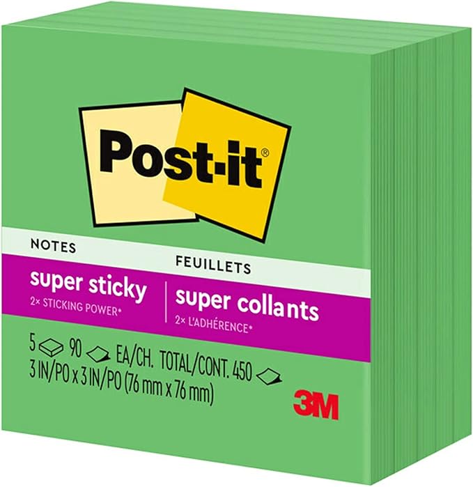 Post-it Super Sticky Notes, 5 Sticky Note Pads, 3 x 3 in., Ideal for Organization in Your Dorm, Home or Office, Single Color Packs Collection, Lucky Green