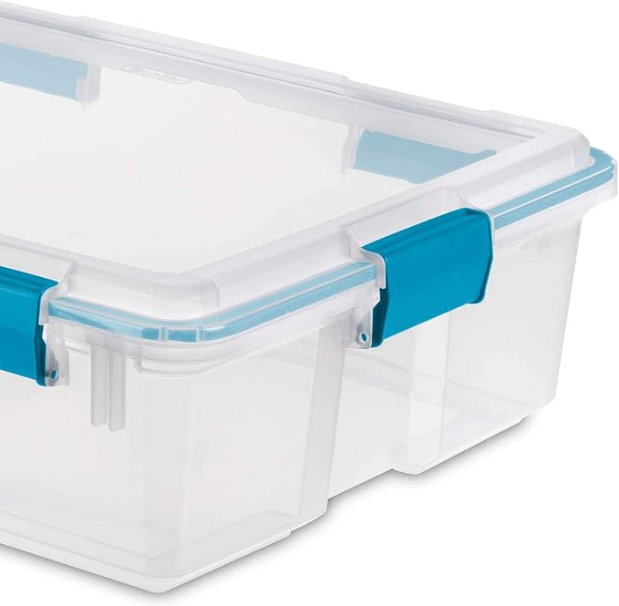 Sterilite 37 Qt Gasket Box, Stackable Storage Bin with Latching Lid and Tight Seal, Plastic Container to Organize Basement, Clear Base and Lid, 1-Pack