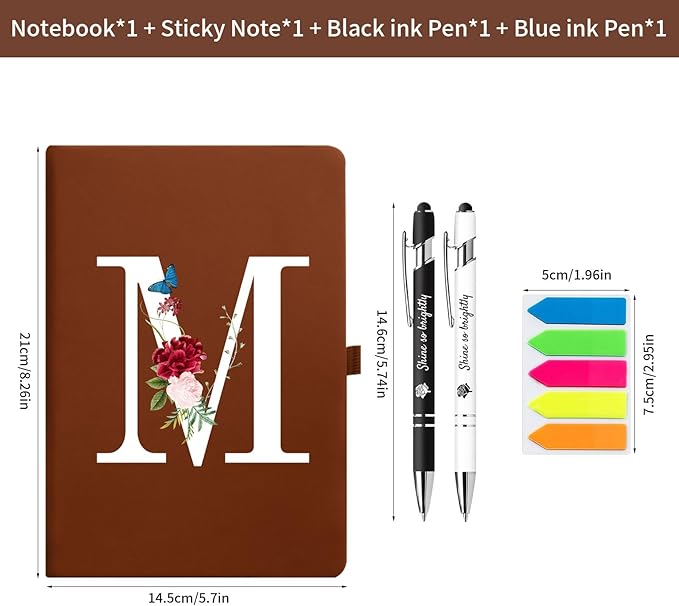 Premium Hardcover Executive Notebook and Pen Set - A5 Journal Notebook 192 Line Pages, 2 Smooth-Writing Ballpoint Pens, Arrow Sticky Notes - For Office & School Supplies Letter L Floral Design Black