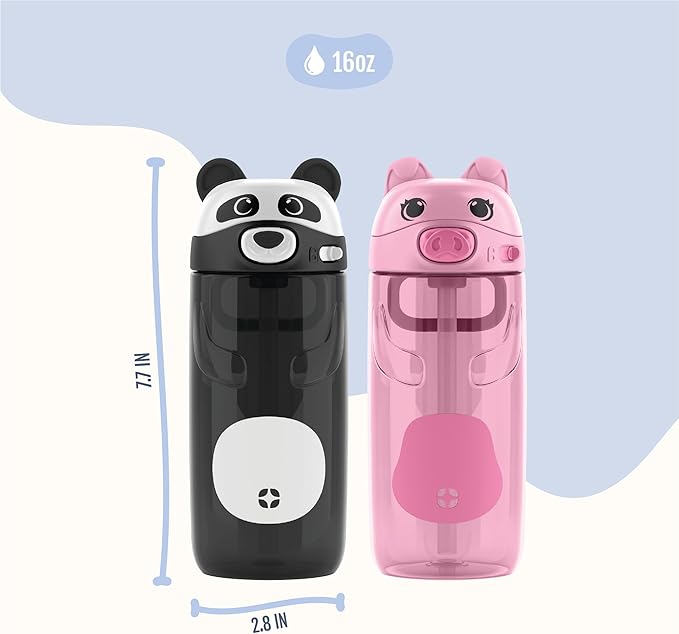 Ello Ellies 16oz Plastic Kids Water Bottle with Straw and Built-in Carrying Handle and Leak-Proof Locking Lid for School backpack, Lunchbox and Outdoor Sports, Panda