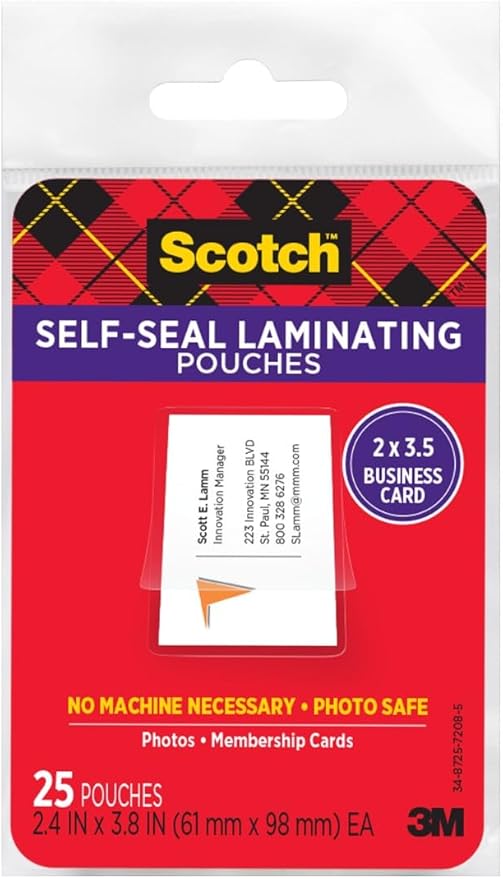 Scotch Self-Sealing Laminating Pouches, 2 in x 3.5 in Business Card Size, Great for Gift Tags, 25-Pack (Pack of 12)