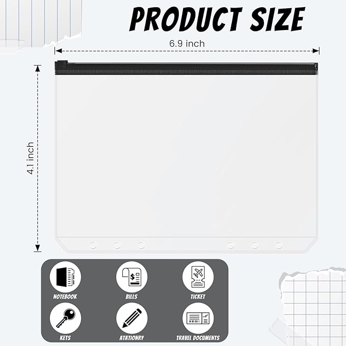 Zonon 30 Pcs A6 6 Rings Black Zipper Binder Pouches Clear Binder Pockets with Zipper Folders Waterproof PVC Loose Leaf Bags Filling Bags for Pen Pencil Notebooks File Document