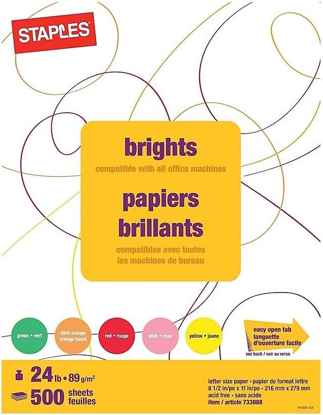 Staples Brights Multipurpose Paper 8.5 x 11 Inch 24 lb Assorted Color Sheets, 500 Ream
