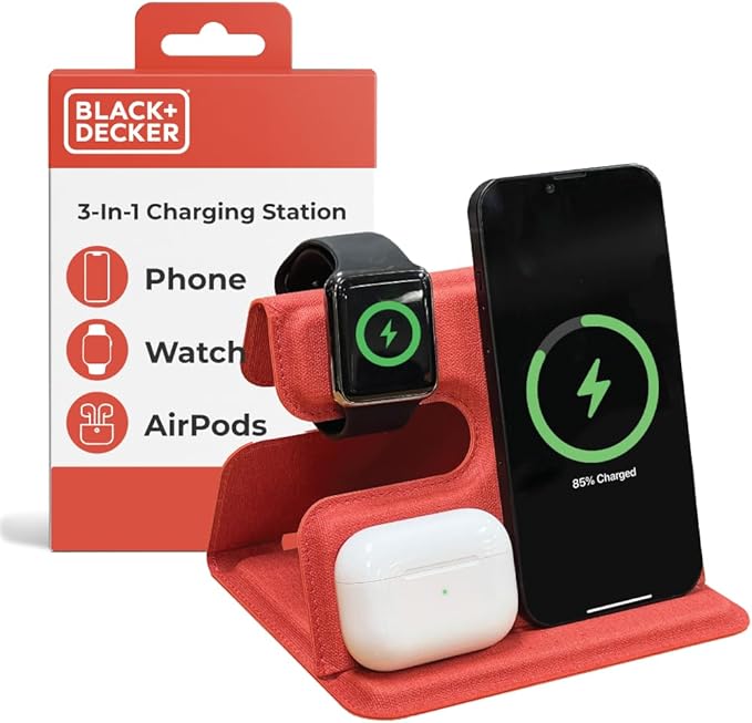 BLACK+DECKER 3 in 1 Charging Station for Apple Multiple Devices, Wireless Foldable Travel Charger for Multiple Devices iPhone 17 16 15 14 13 Pro Max Plus Apple Watch Series/AirPods (Coral Rose)