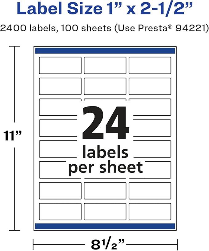 Avery Glossy White Rectangle Labels, Sure Feed Technology, 1" x 2.5", 2,400 Glossy White Labels, Permanent Adhesive, Laser/Inkjet Printable