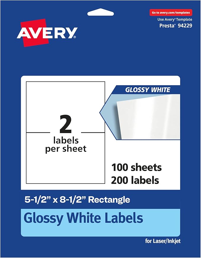 Avery Glossy White Rectangle Labels, 5.5" x 8.5", 200 Glossy White Labels, Permanent Adhesive, Laser/Inkjet Printable