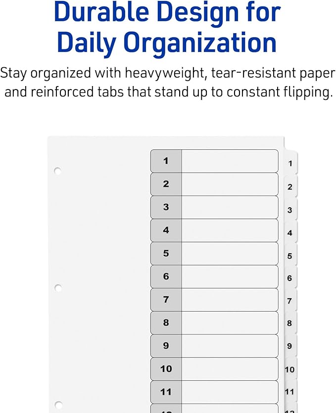 Avery Dividers for 3 Ring Binders, 12 Tabs per Set, Customizable Table of Contents, Classic White Tabs, Great for Organizing Reports, Projects, and More (11140)