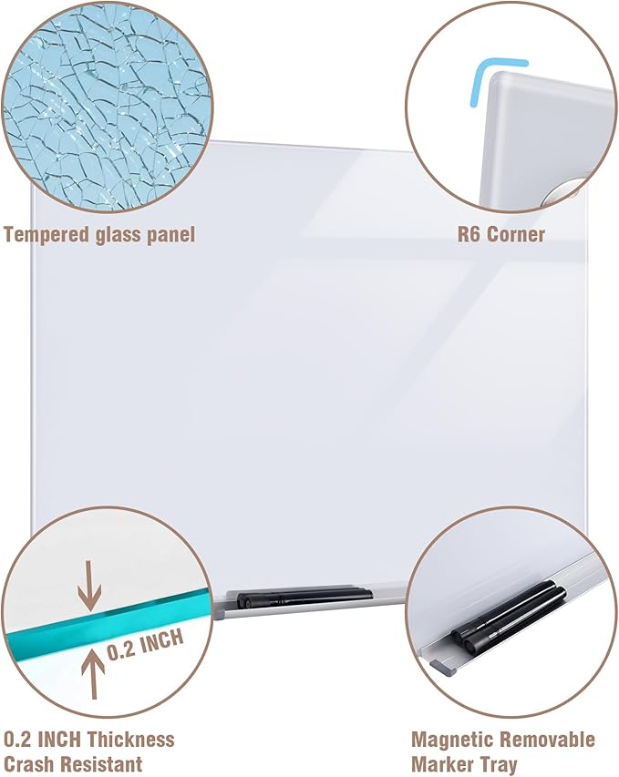 Mifuro Magnetic Glass Whiteboard，24"x18" Wall Mounted Frameless Dry Erase Board for Office, Home & School Ultra White
