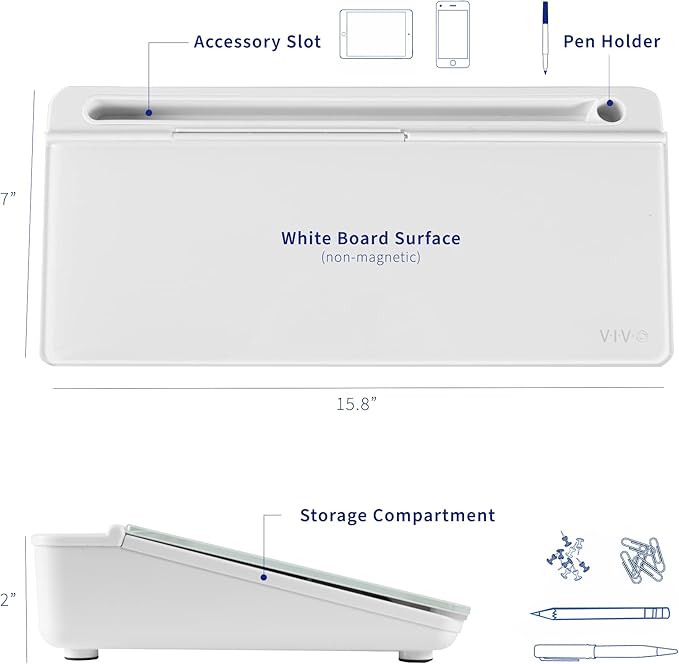 VIVO Glass 16 x 7 inch Dry Erase Board with Storage, Desktop Whiteboard Organizer with Hidden Compartments and Device Slot, DESK-WB16A