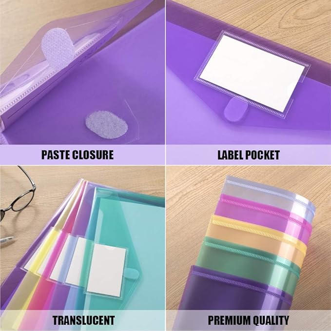 Sooez 5 Pack File Folders, Clear Poly Envelopes Plastic Folders, Folder for Documents Letter A4 Size with Label Pocket, Teacher School Office Supplies Organization Storage, Assorted Color
